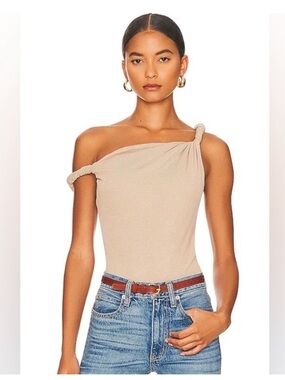 ATOIR tangled bodysuit sand beige ribbed modal off shoulder asymmetrical top